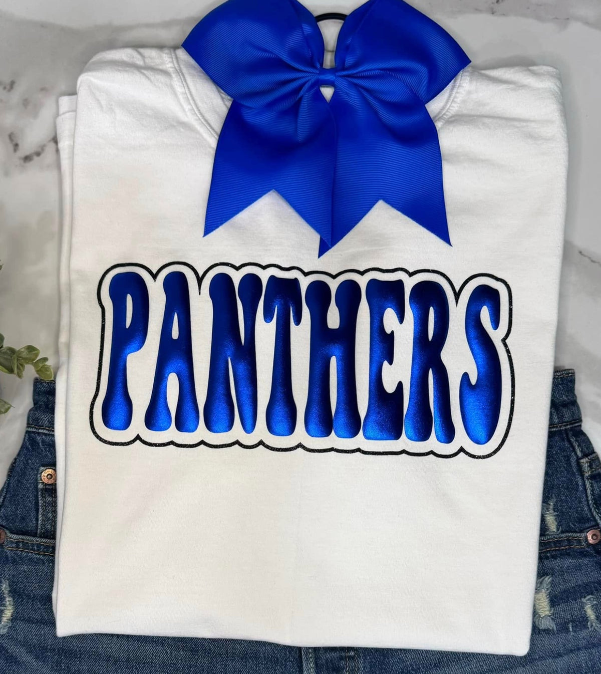 Panthers - Royal Blue Metallic Puff with Black Glitter Outline