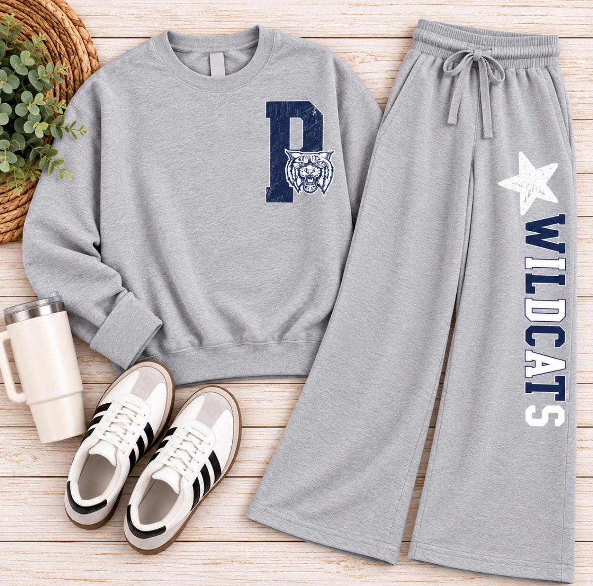 School Spirit Matching Crewneck & Wide-Leg Sweatpants Set - Adult Sizes Only
