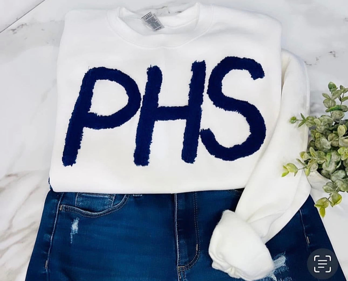 White PHS - Navy Chenille Yarn - Embroidered