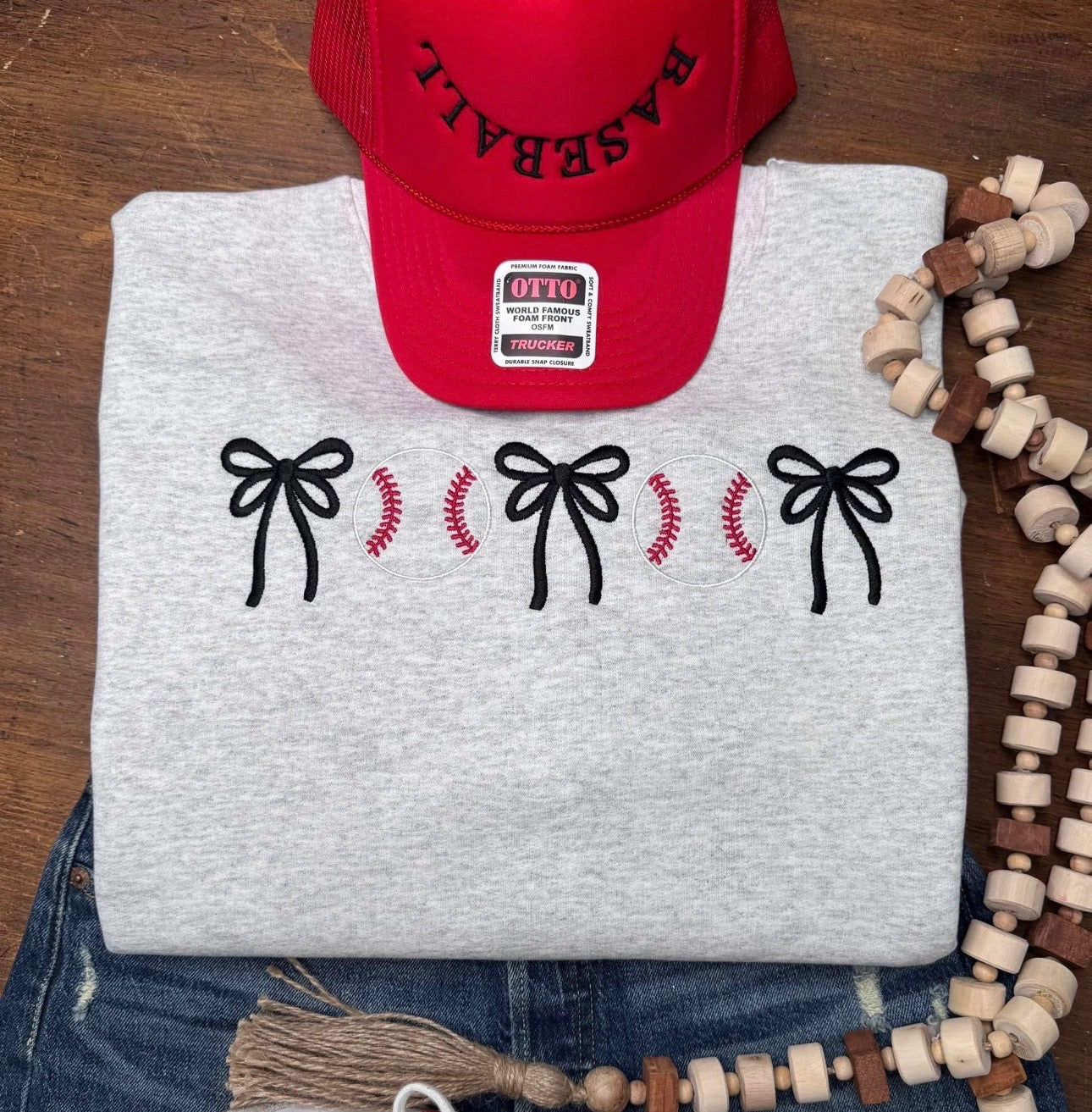Baseball / Softball & Bows Embroidered Sweatshirt - Ash Gray Gildan