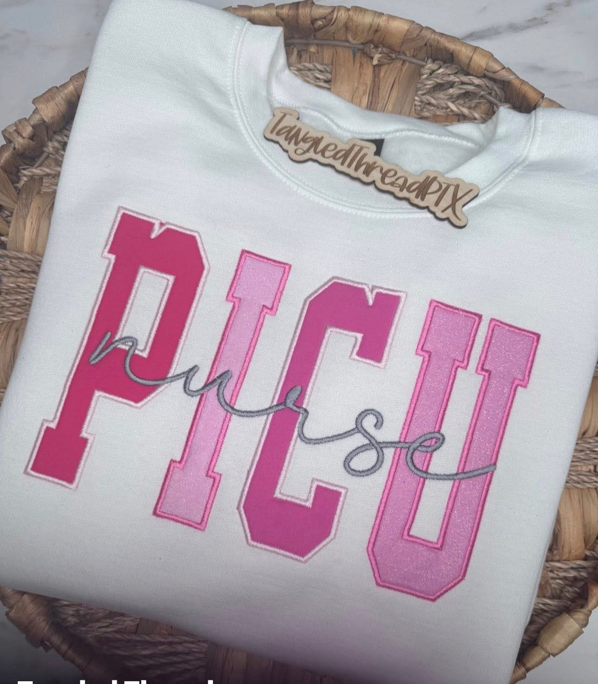 PINK PICU Nurse - Appliqué Lettering - Embroidered White Gildan Sweatshirt