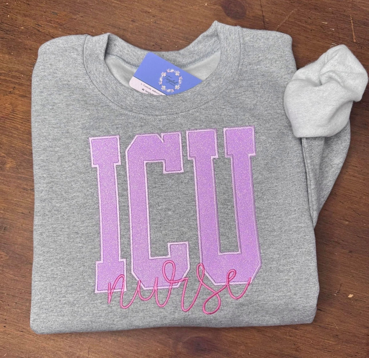 Purple ICU Nurse - Embroidered Sport Gray Gildan Sweatshirt