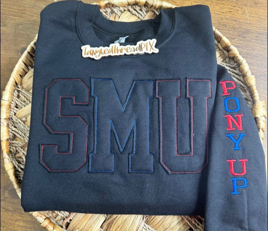 Black SMU Raggy Sweatshirt - Embroidered - Pony Up