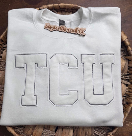 White TCU  Raggy Embroidered Sweatshirt