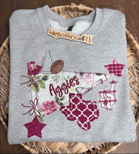 Sport Gray Aggies Pennant Flag Collage -Embroidered Sweatshirt