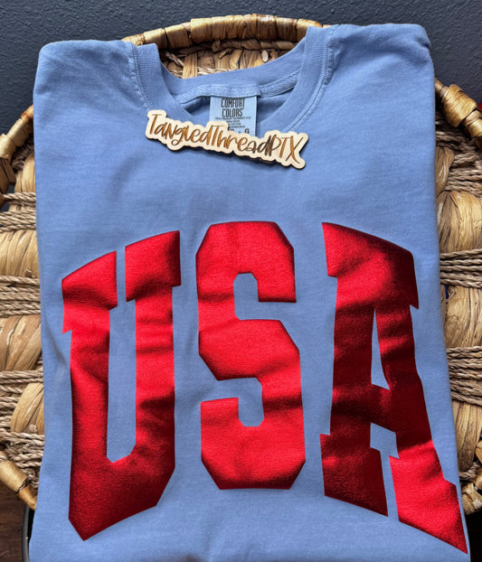 Washed Denim Blue - Red USA Metallic Puff