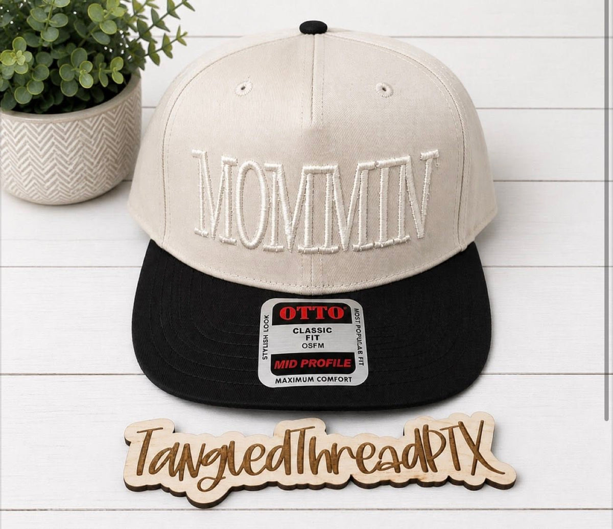 Tan Hat Black Bill Puff  - Mommin Embroidered Hat
