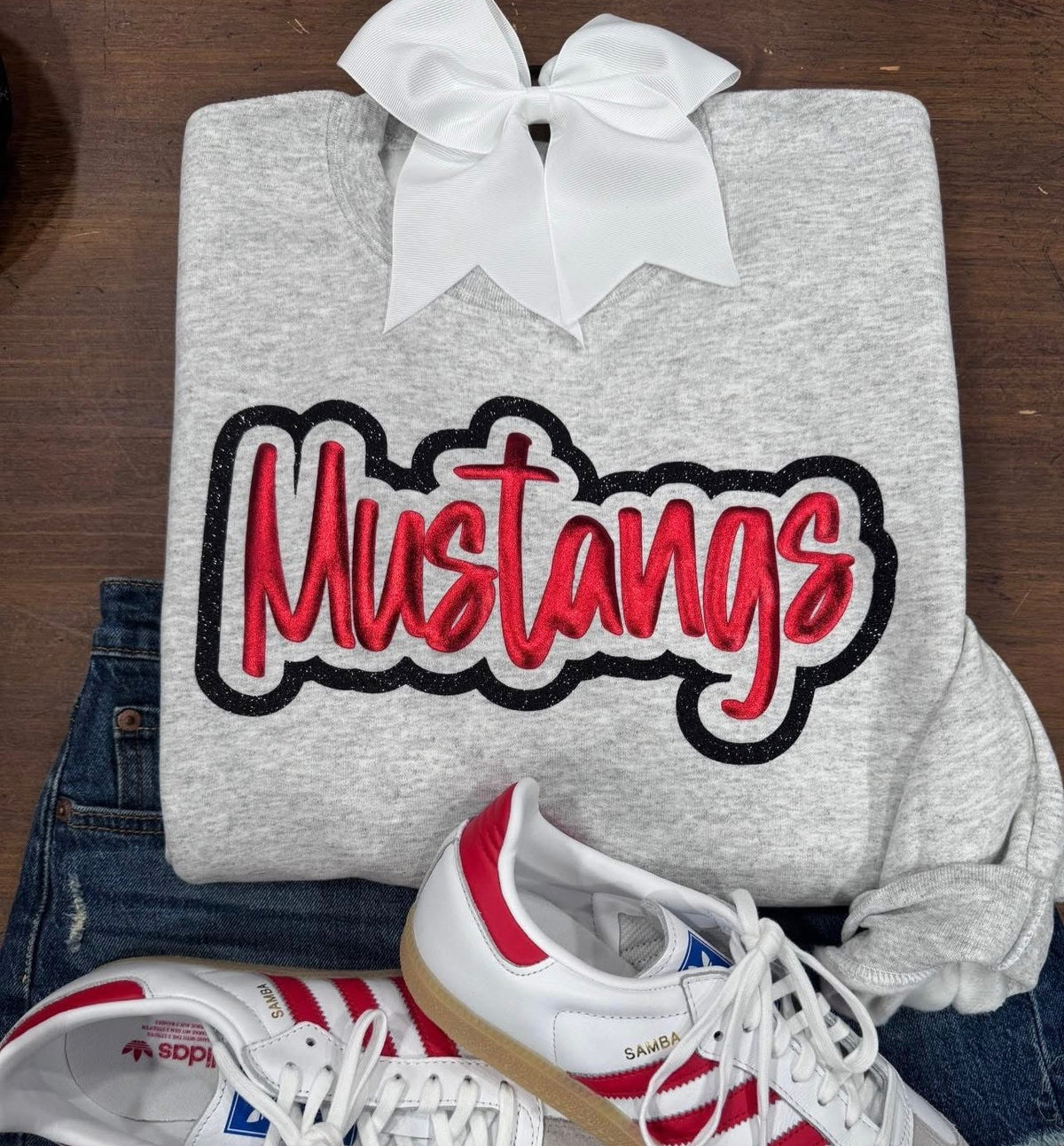 Ash Gray Red Metallic Mustangs Puff with Black Glitter Outline