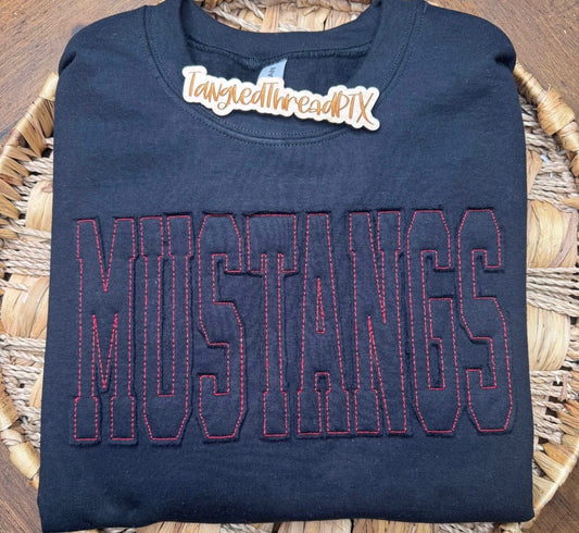 Black Mustangs Black Letters Red Stitching - Embroidered