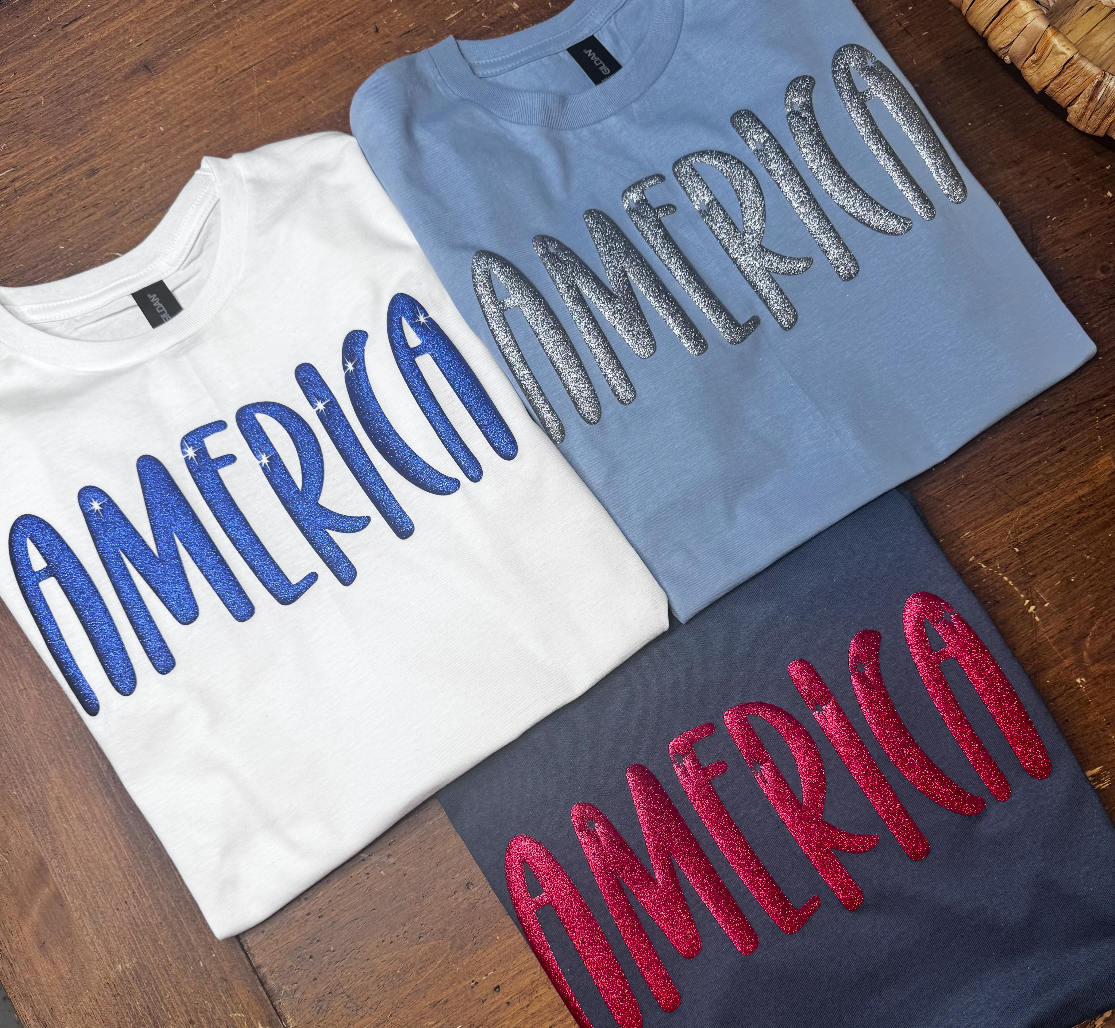 America Glitter Puff Tees - Multiple Colors Available